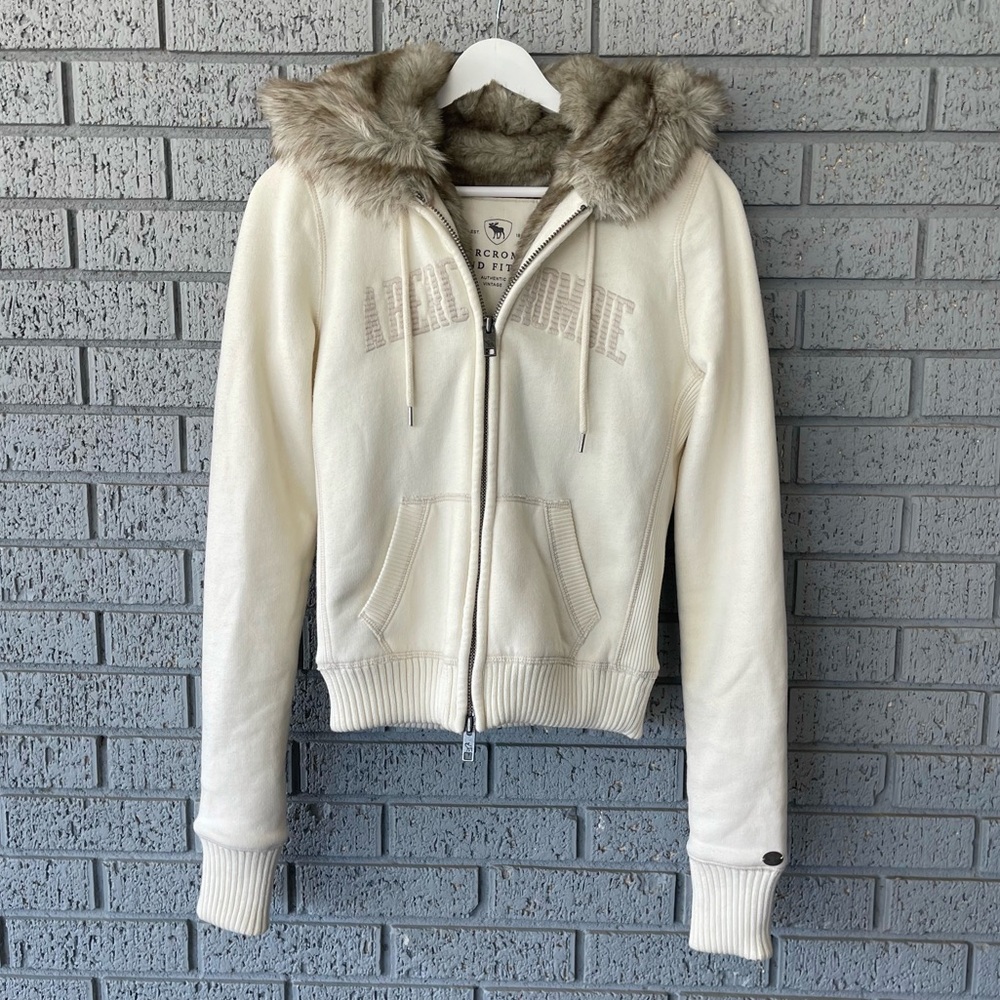 Y2K Abercrombie & Fitch Faux Fur Lined Full Zip Jacket Cream Size Medium RARE - Picture 4 of 10